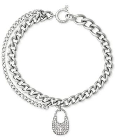 Michael Kors Double Chain Pavé Crystal Lock Charm Bracelet In Silver