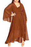 City Chic Fleetwood Long Sleeve Wrap Maxi Dress In Ginger