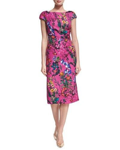 Monique Lhuillier Floral-print Pebbled Jacquard Sheath Dress, Bright Pink