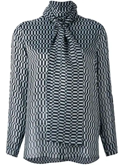 Fendi Puzzle-print Tie-neck Silk-blend Blouse In Black White