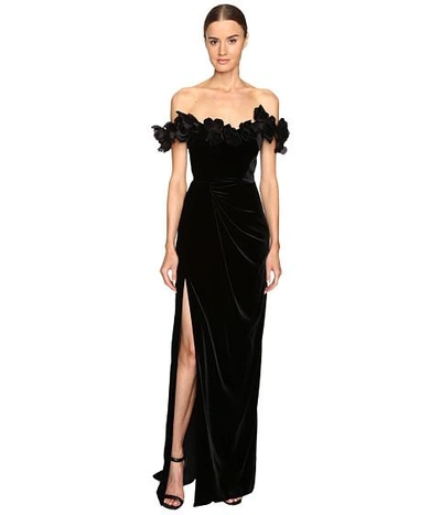 Marchesa Velvet Off The Shoulder Column Gown With High Slit Embellished With Laser-cut Organza And Velvet Flo