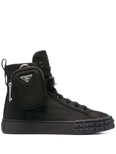 Prada Re-nylon Pouch Detail High-top Sneakers In Black