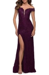 La Femme Off The Shoulder Stretch Sparkle Lace Mermaid Gown In Dark Berry