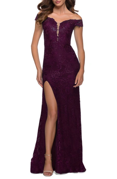 La Femme Off The Shoulder Stretch Sparkle Lace Mermaid Gown In Dark Berry
