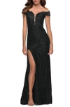 La Femme Off The Shoulder Stretch Sparkle Lace Mermaid Gown In Black