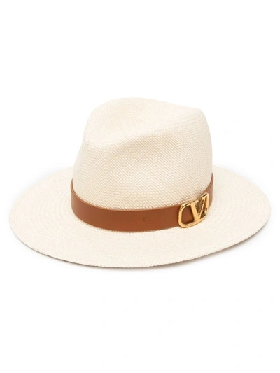 Valentino Garavani Vlogo Leather-trim Straw Hat In 0at Ecru/ Cuoio