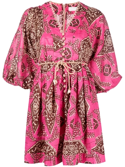 Zimmermann Lulu Plunge Printed Linen Mini Dress In Pink | ModeSens