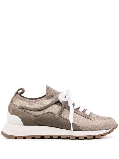 Brunello Cucinelli Runners In Sparkling Knit And Suede In Neutrals