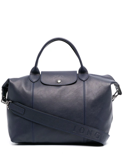 Longchamp Medium Le Pliage Cuir Top Handle Bag In Blue