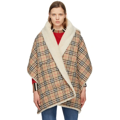 Burberry Fleece-lined Vintage Check Hooded Cape In Camel
