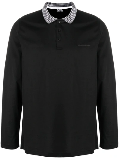 Karl Lagerfeld Houndstooth Collar Polo Shirt In Black