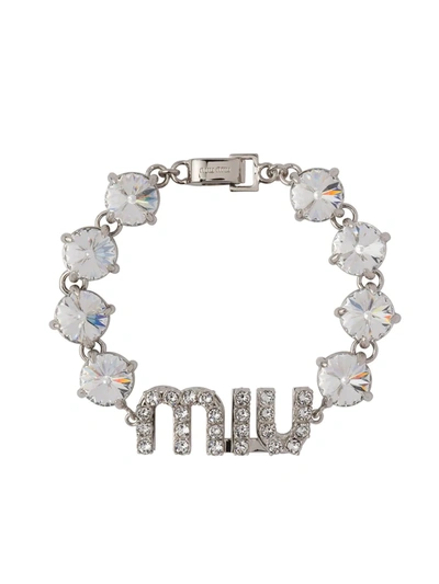 Miu Miu Crystal-embellished Logo Bracelet In Silver