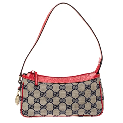 Pre-owned Gucci Red/beige Gg Canvas And Leather Charm Pochette Bag