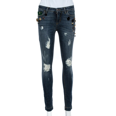 Pre-owned Dolce & Gabbana Blue Distressed Denim Button Embellished Pretty Fit Jeans S