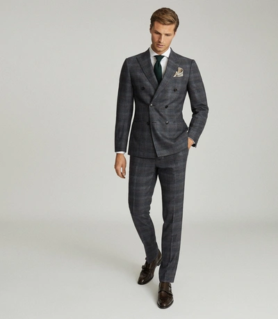 Reiss Double Breasted Check Blazer In Navy Blue