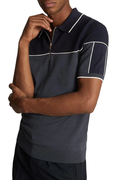 Reiss Tipped Zip Neck Polo Shirt In Navy/ivory