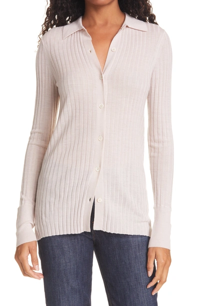 Atm Anthony Thomas Melillo Ribbed Button-down Wool Sweater In Tan Combo