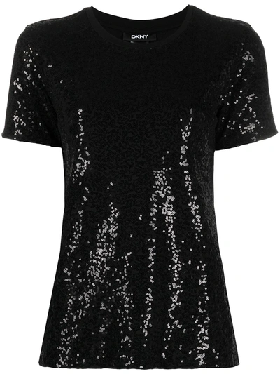 Dkny Sequinned Short-sleeved T-shirt In Black
