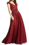 Mac Duggal Floral Applique A-line Gown In Burgundy