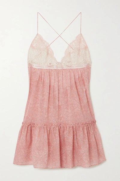 La Perla Tree Of Life Leavers Lace And Embroidered Tulle-trimmed Floral-print Stretch-silk Chemise In Pink