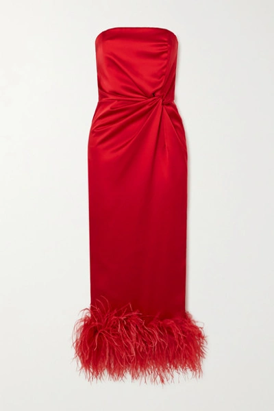 16arlington Himawari Strapless Feather-trimmed Knotted Satin Midi Dress In Red