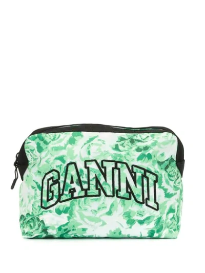 Ganni Logo-embroidered Floral-print Makeup Bag In Green