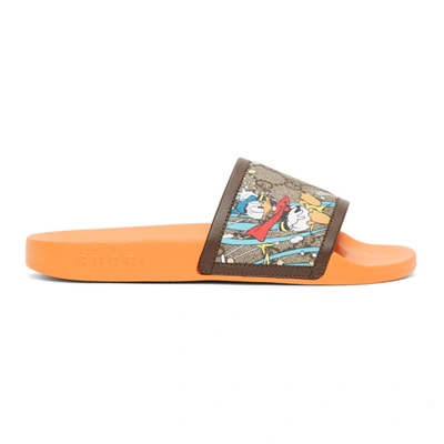 Gucci Orange Disney Edition Gg Supreme Donald Duck Sandals In Beige/ Ebony