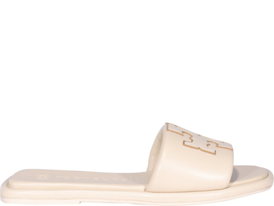 Tory Burch Double-t Padded Leather Slides In Cream