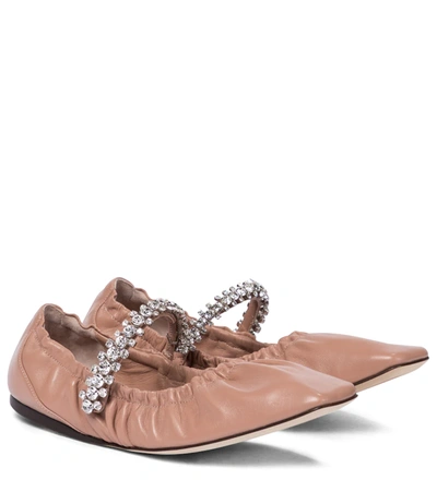 Jimmy Choo Gai Crystal-embellished Glossed-leather Ballet Flats In Pink,beige