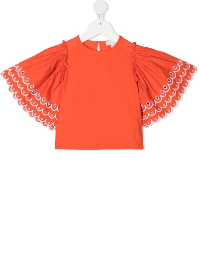 Stella Mccartney Kids' Scalloped Bell Sleeves Blouse In Red
