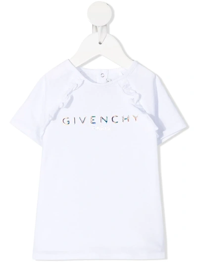 Givenchy Kids' Girl's Foiled Logo Ruffle Cotton T-shirt In White
