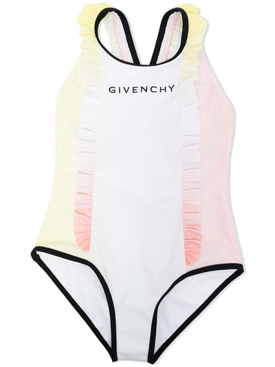 Givenchy Kids' Logo Print Ruffled One Piece Swimsuit In Rose