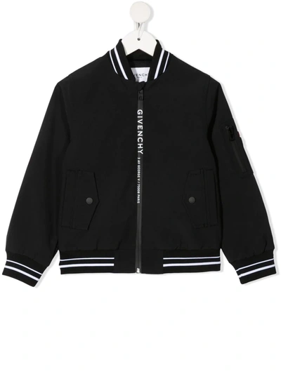 Givenchy Kids' Logo印图尼龙飞行员夹克 In Black