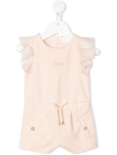 Chloé Kids' Logo-embroidered Ruffle Playsuit In F Rosa Pallido