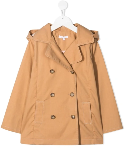 Chloé Teen Hooded Double-breasted Trench Coat In Grey