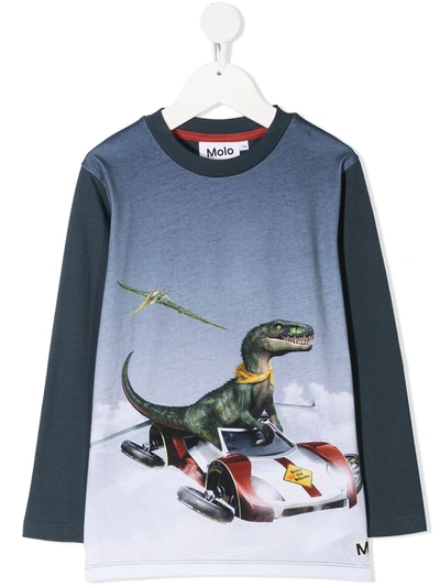 Molo Kids' Dino On Board-print Organic Cotton T-shirt In Blue