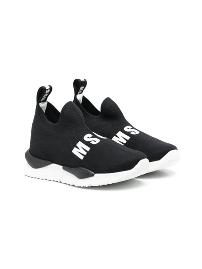 Msgm Kids' Logo Print Slip-on Knit Sock Trainers In Black