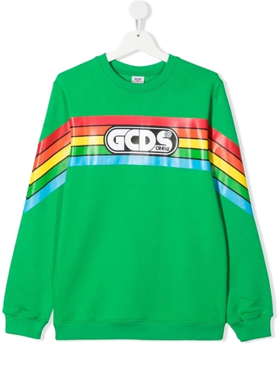 Gcds Kids' Rainbow Stripe-print Cotton Sweatshirt In Green