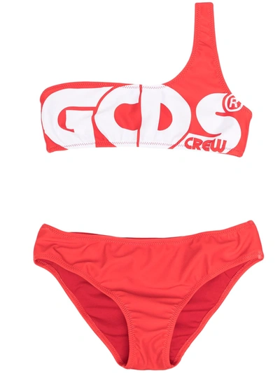 Gcds Kids' Asymmetric One-shoulder Bandeau Bikini Set In Red
