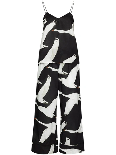 Desmond & Dempsey Cygnus Swan-print Two-piece Pyjama In Black