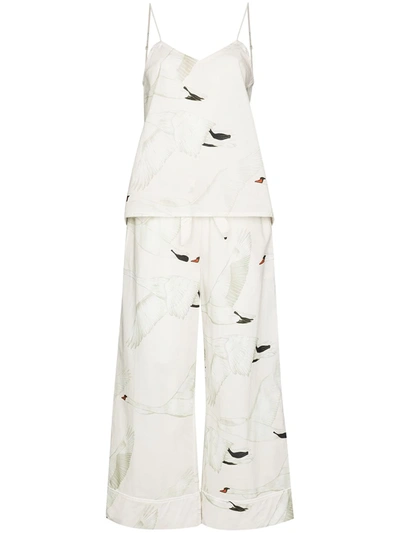 Desmond & Dempsey Cygnus Swan-print Two-piece Pyjamas In Weiss