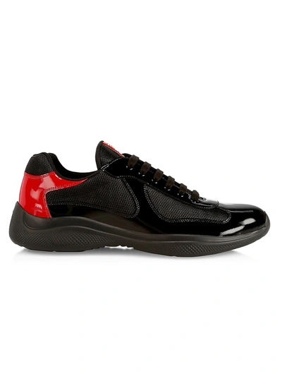 Prada Men's New America's Cup Leather Low-top Sneakers In  Nero+rosso