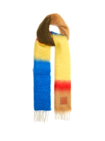 Loewe Striped Brushed Mohair-blend Scarf In Camel/blue