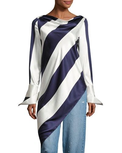Monse Long-sleeve Asymmetric Striped Top, Blue Pattern