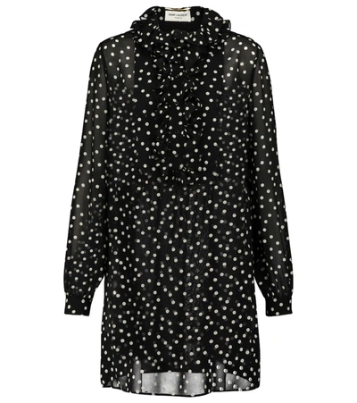 Saint Laurent Silk Georgette Polka Dot Dress With Volant Jabot In Black