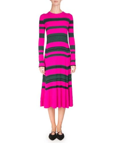 Proenza Schouler Striped Knit Long-sleeve Midi Dress, Pink/green