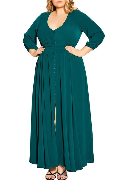 City Chic Desire Shirred Waist Button Front Maxi Dress In Sea Green