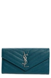 Saint Laurent M Atelasse Leather Envelope Wallet In Petrol Green