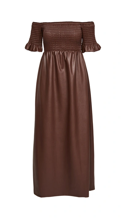 Staud Mae Smocked Off-the-shoulder Vegan Leather Maxi Dress In Bark