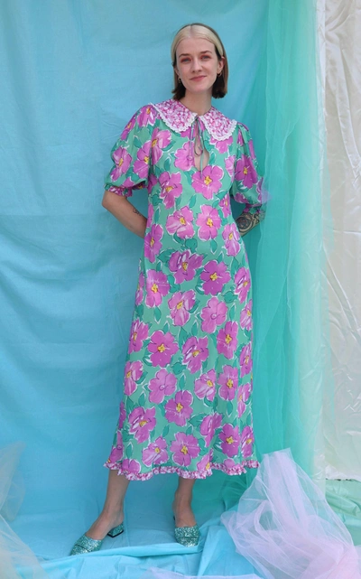 Rixo London Lauren Crochet-trimmed Floral-print Crepe Midi Dress In Pink,green